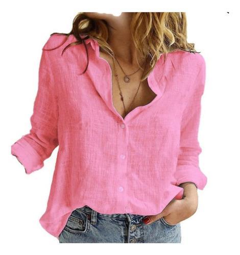 Blusa De Algodão Linho Manga Longa Plus Size